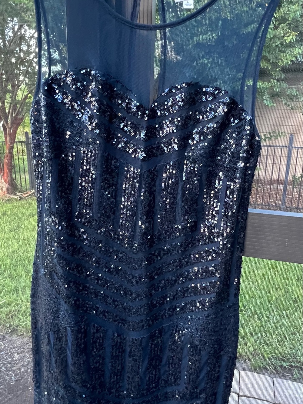 Deb Navy Blue Sequin Illusion Mesh Bodycon Cocktail Party Dress Size Large